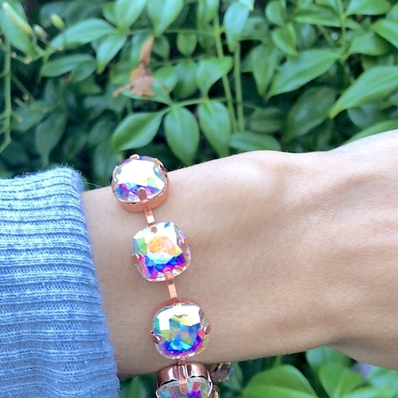 Aurora Borealis Cushion Cut Rose Gold Crystal Tennis Bracelet - Picture 5 of 7